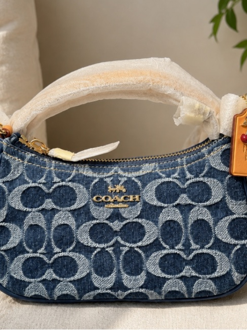 Coach Denim Jacquard Mini Shoulder Bag in Blue with Gold Hardware